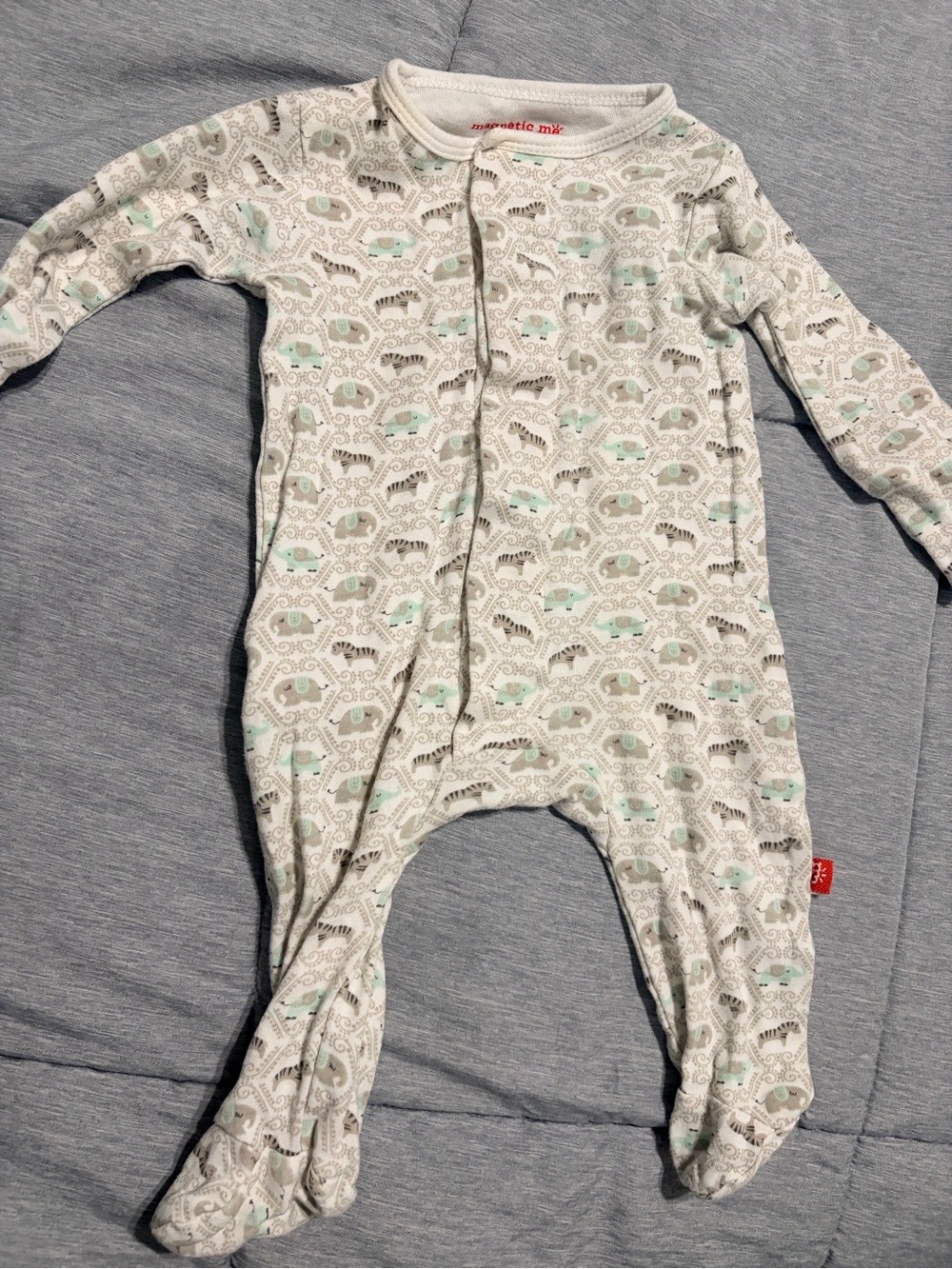 MagneticMe light Gray & Mint Elephant Print One-Piece Pajamas